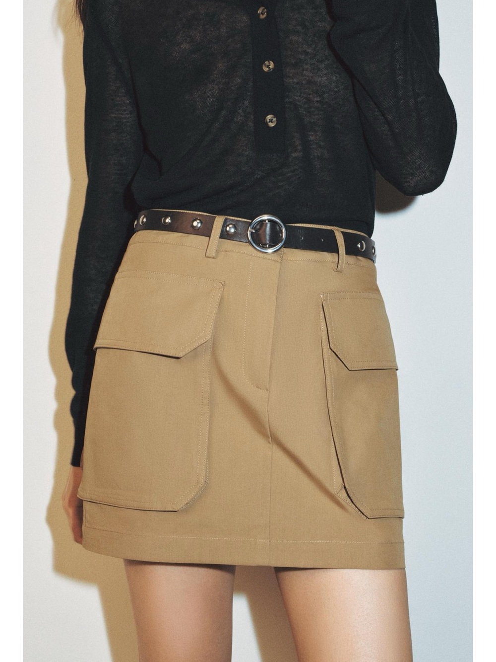 Zara Cargo Pocket Mini Skirt with Belt Mid Camel & dark brown belt